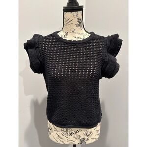 Gap Ruffle Cap Sleeve Black Crochet  Women Short Knit‎ Pullover Sweater Medium